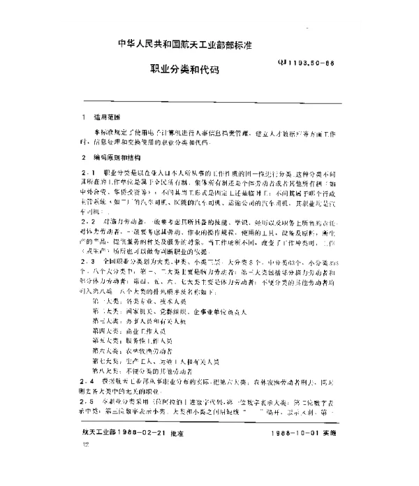 QJ 1193.50-1988 人事系统数据元 职业分类和代码