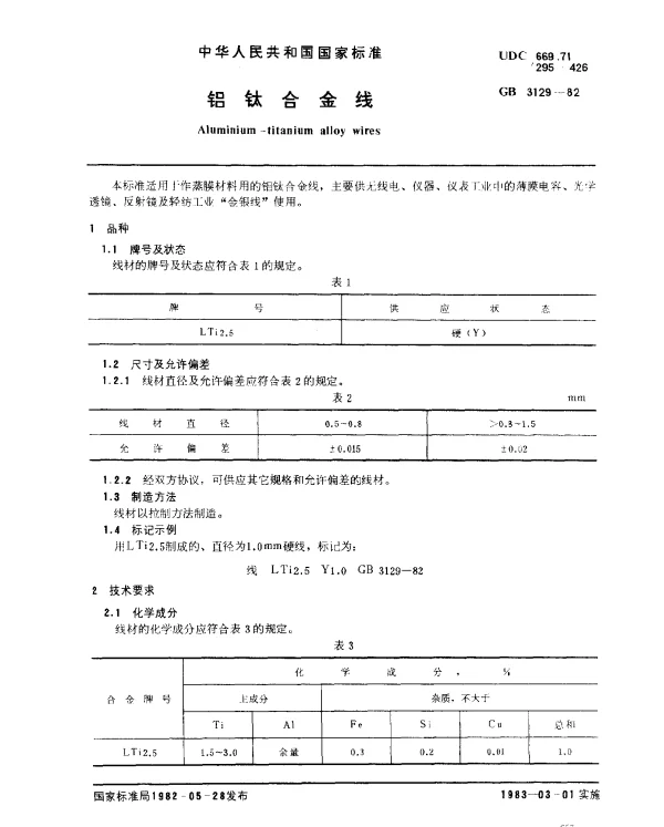 GB 3129-1982 铝钛合金丝