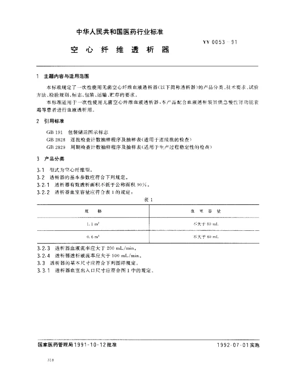 YY 0053-1991 空心纤维透析器