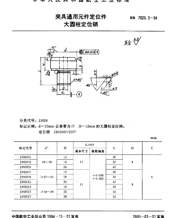 HB 7026.3-1994 夹具通用元件定位件.大圆柱定位销