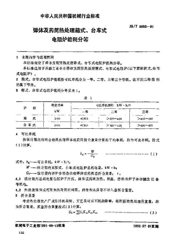 JBT 5650-1991 弹体及药筒热处理箱式、台车式电阻炉 能耗分等