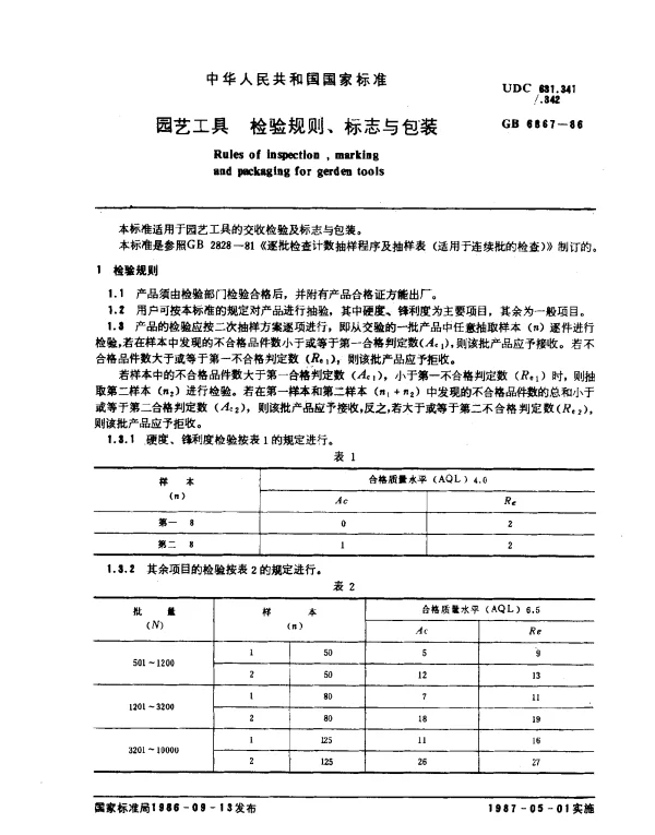 GB 6867-1986 园艺工具 检验规则、标志与包装