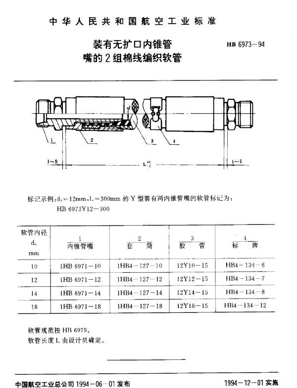 HB 6973-1994 装有无扩口内锥管.嘴的2组棉线编织软管
