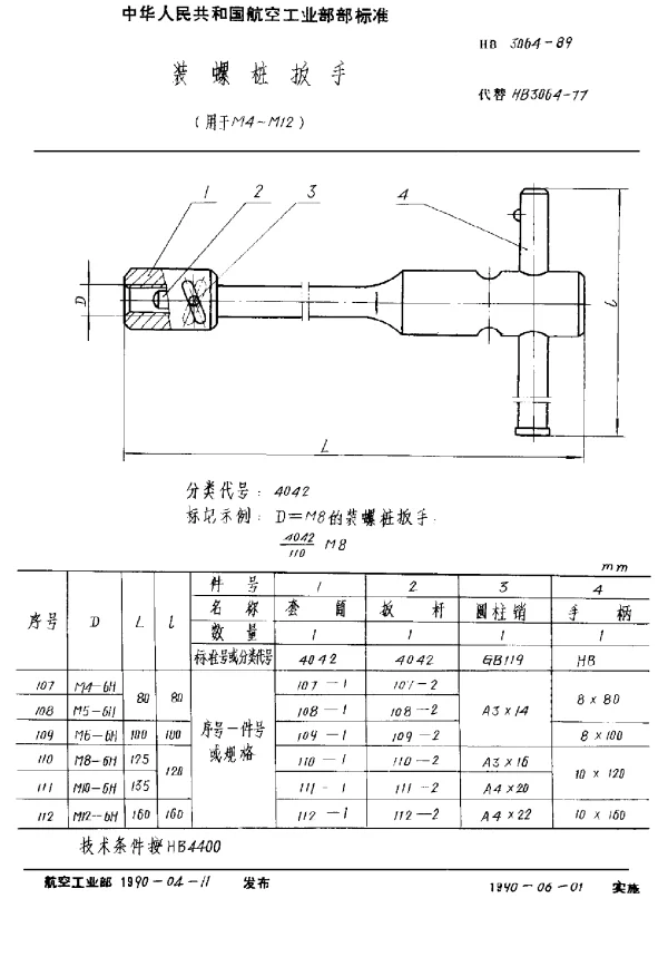 HB 3064-1989 装螺桩扳手(用于M4~M12)