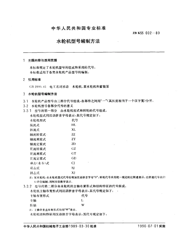 ZB K55 002-1989 水轮机型号编制方法