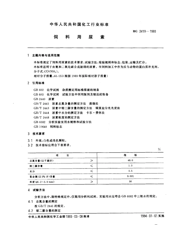 HG 2419-1993 饲料用尿素