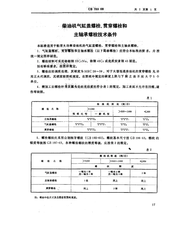 CB 703-1968 柴油机气缸盖螺栓、贯穿螺栓和主轴承螺栓.技术条件