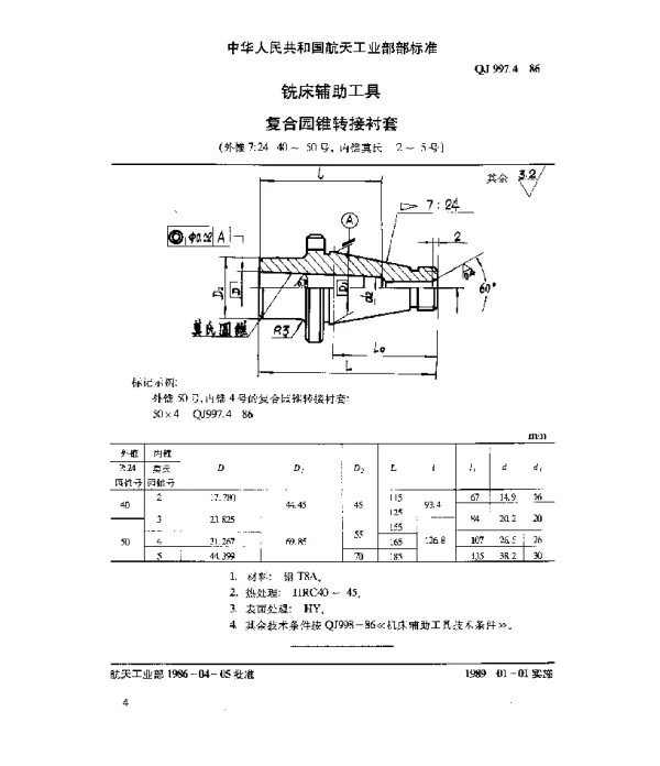 QJ 997.4-1986 铣床辅助工具 复合圆锥转接衬套(外锥7∶24 40~50号 内锥莫氏2~5号)