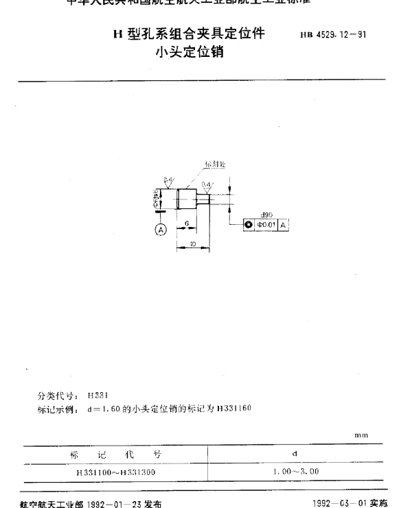 HB 4529.12-1991 H型孔系组合夹具定位件.小头定位销
