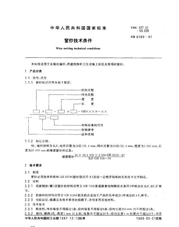 GB 8380-1987 窗纱技术条件