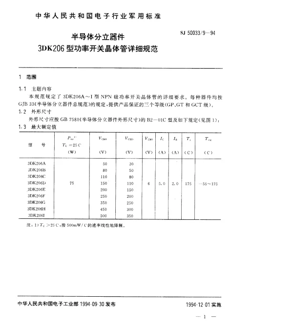 SJ 500339-1994 半导体分立器件.3DK206型功率开关晶体管详细规范