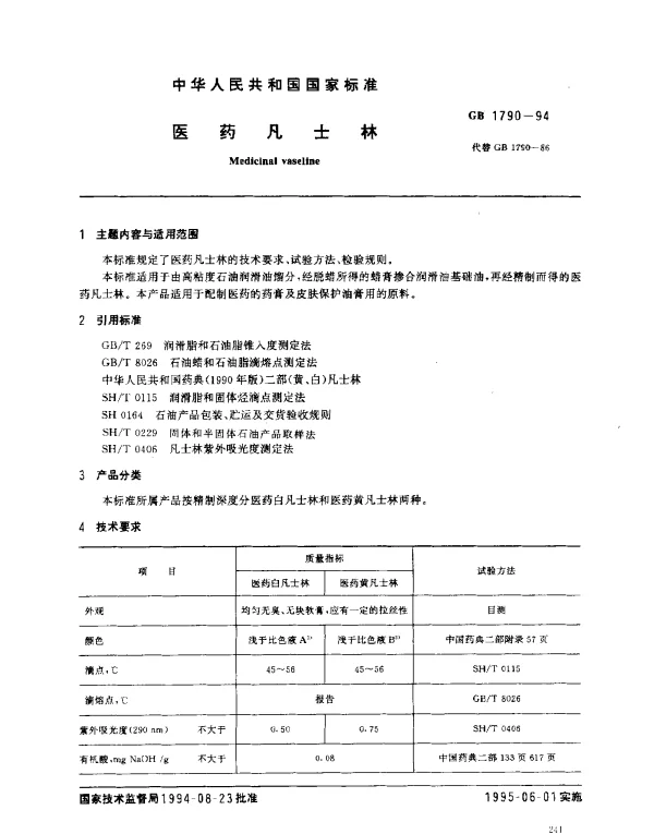 GB 1790-1994 医药凡士林