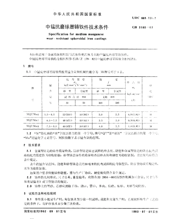 GB 3180-1982 中锰抗磨球墨铸铁件技术条件