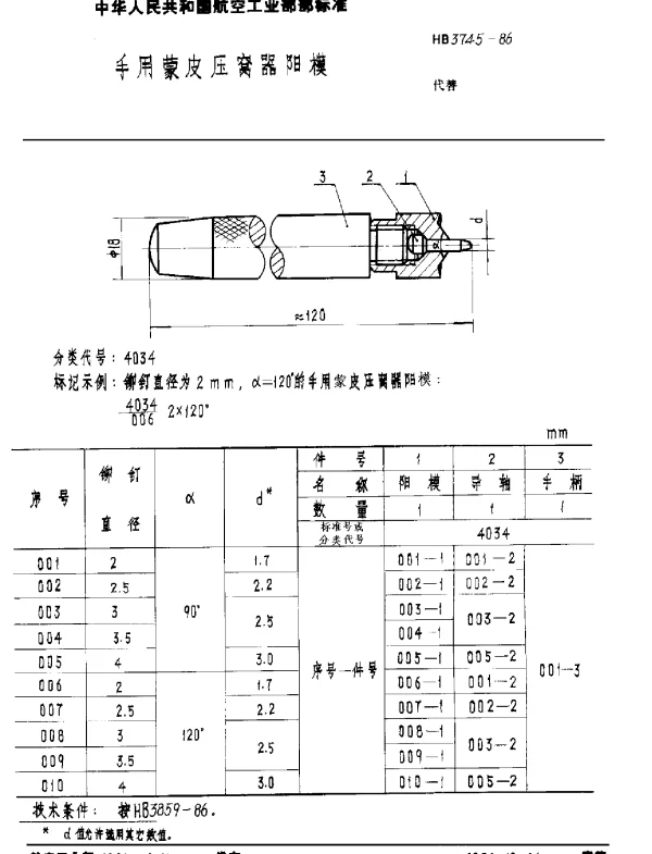 HB 3745-1986 手用蒙皮压窝器阳模
