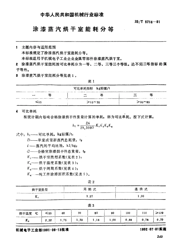 JBT 5718-1991 涂漆蒸汽烘干室 能耗分等