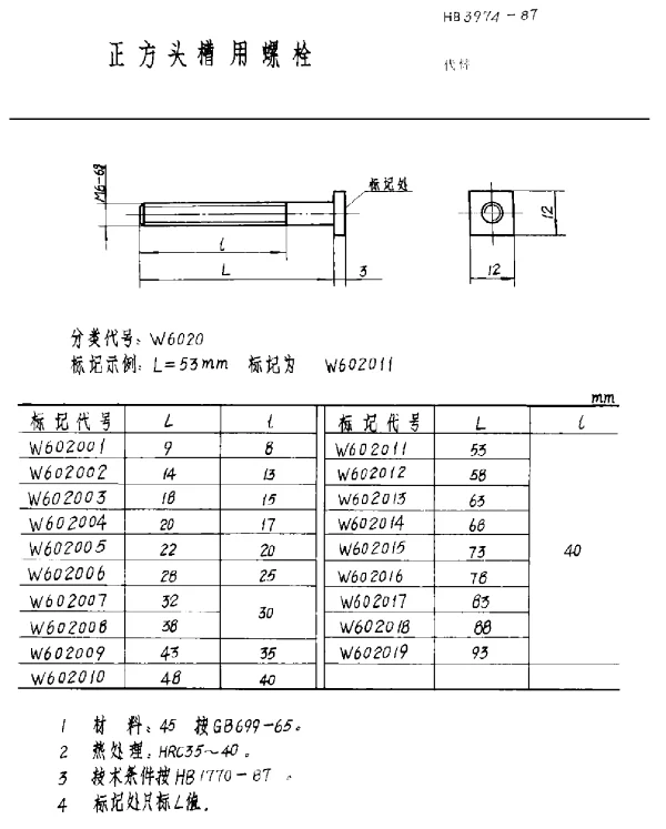 HB 3974-1987 正方头槽用螺栓