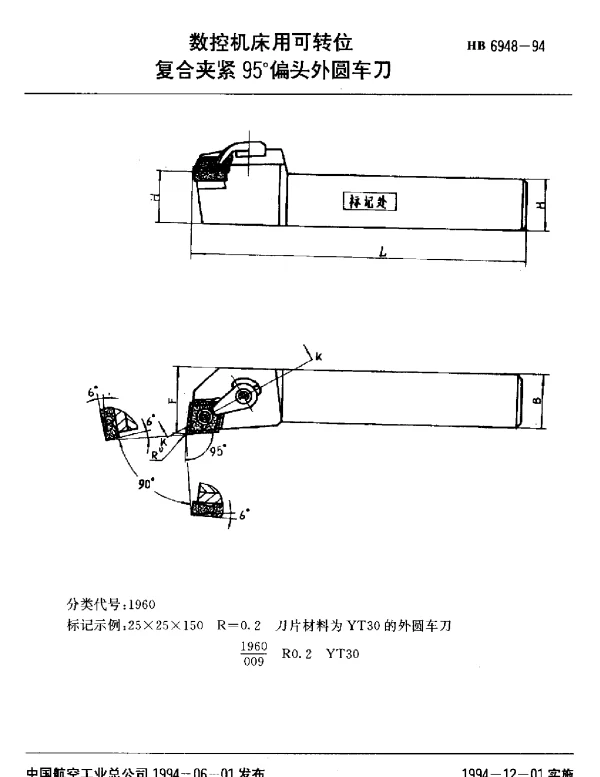HB 6948-1994 数控机床用可转位.复合夹紧95°偏头外圆车刀