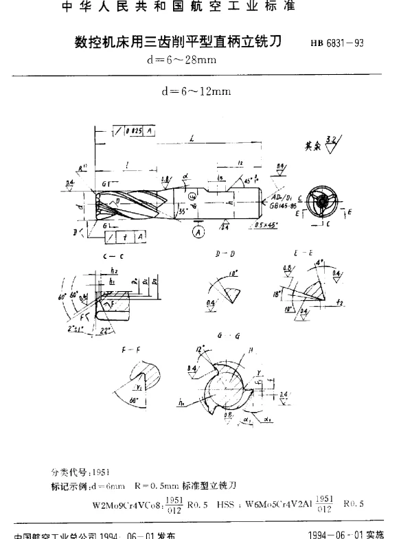 HB 6831-1993 数控机床用三齿削平型直柄立铣刀.d=6~28mm