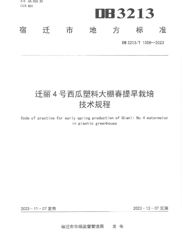 DB3213T 1058-2023 迁丽4号西瓜塑料大棚春提早栽培技术规程
