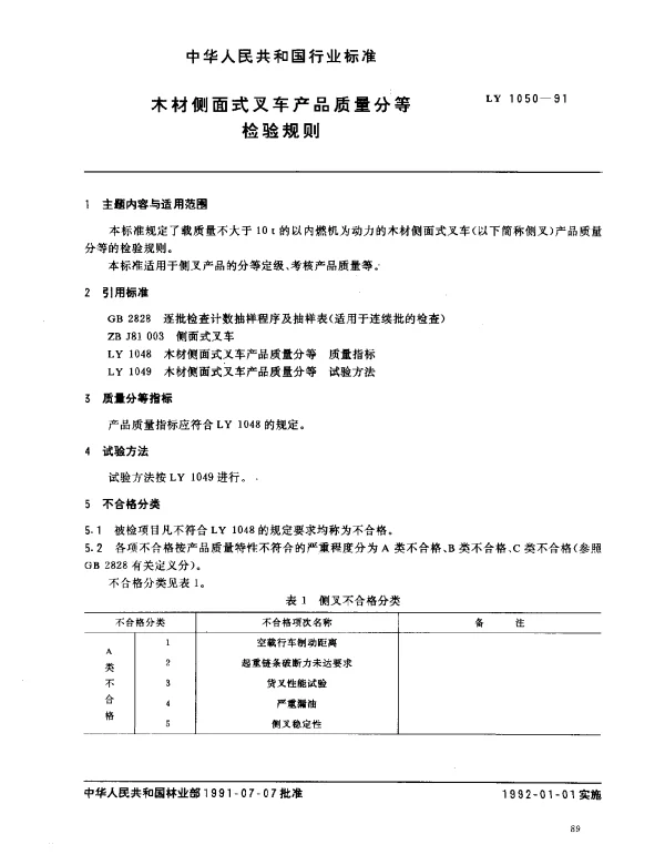 LY 1050-1991 木材侧面式叉车产品质量分等.检验规则