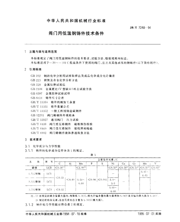 JBT 7248-1994 阀门用低温钢铸件技术条件