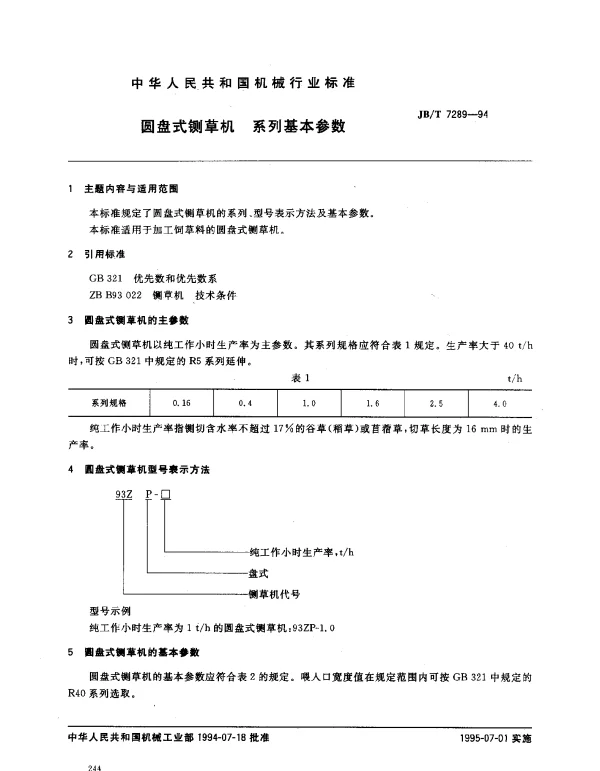 JBT 7289-1994 圆盘式铡草机 系列基本参数