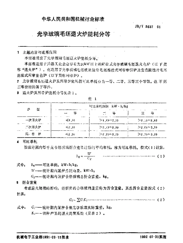JBT 5637-1991 光学玻璃毛坯退火炉 能耗分等