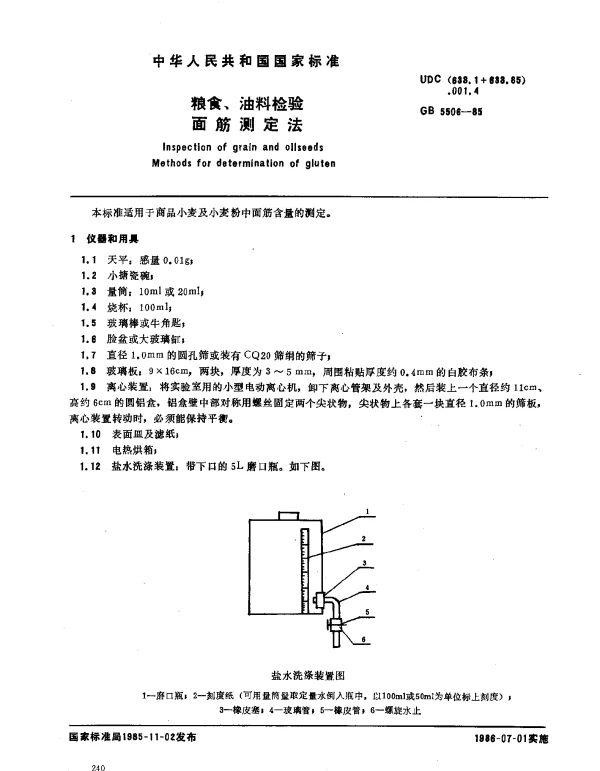 GB 5506-1985 粮食、油料检验面筋测定法