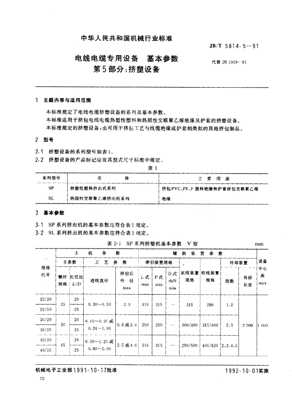 JBT 5814.5-1991 电线电缆专用设备 基本参数 第5部分： 挤塑设备