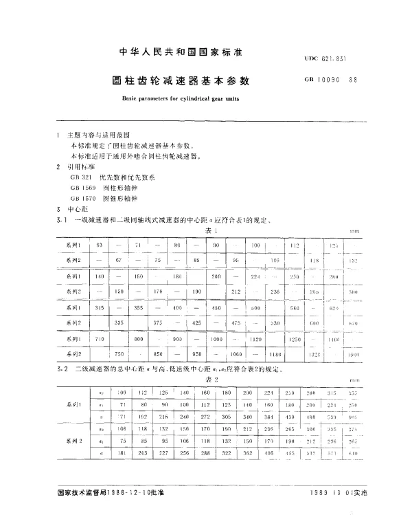 GB 10090-1988 圆柱齿轮减速器基本参数