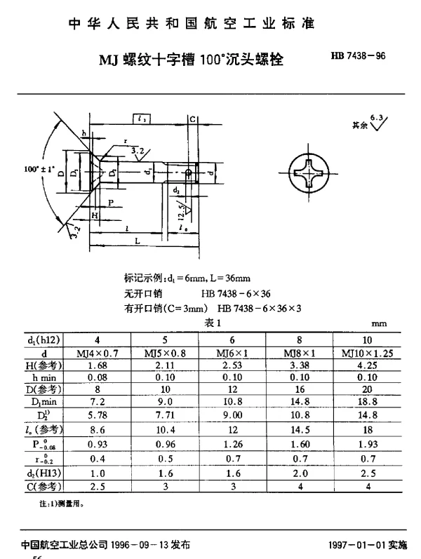 HB 7438-1996 MJ螺纹十字槽100°沉头螺栓
