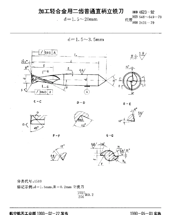HB 4623-1992 加工轻合金用二齿普通直柄立铣刀.d=1.5~20mm