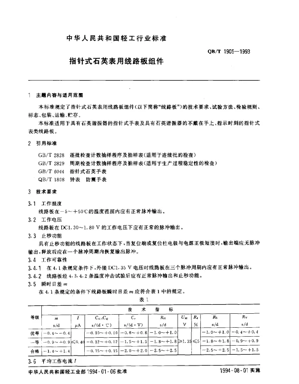 QBT 1905-1993 指针式石英表用线路板组件