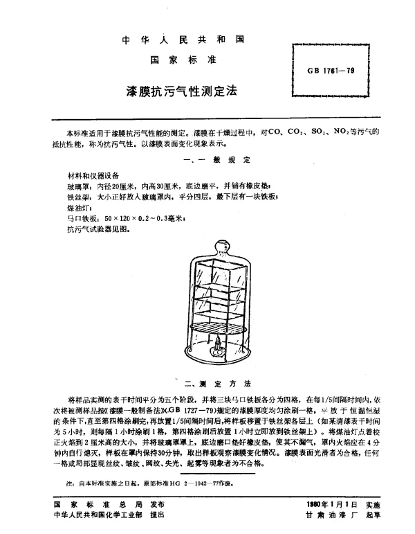 GB 1761-1979 漆膜抗污气性测定法