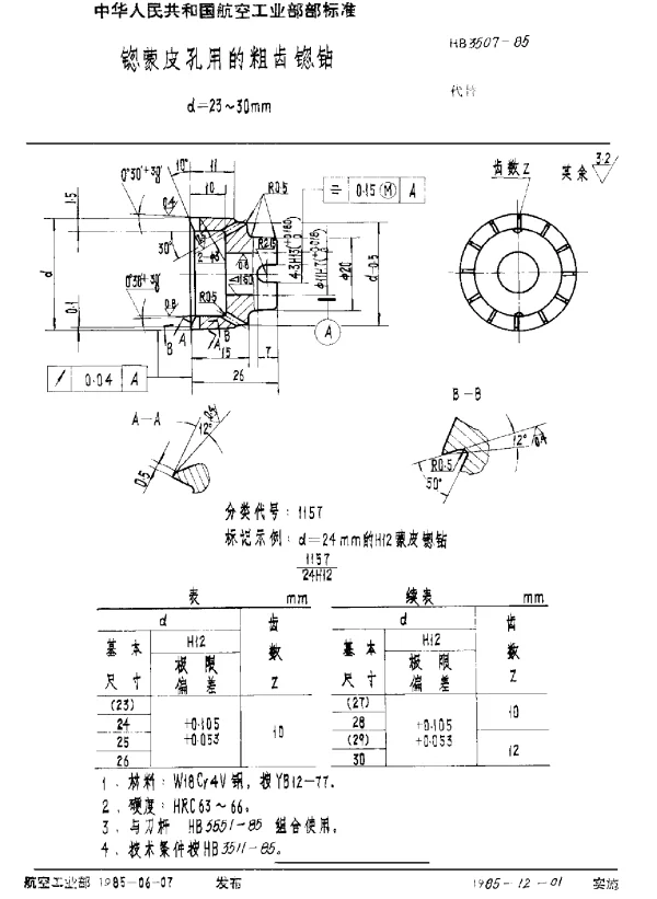 HB 3507-1985 锪蒙皮孔用的粗齿锪钻 d=23~30mm