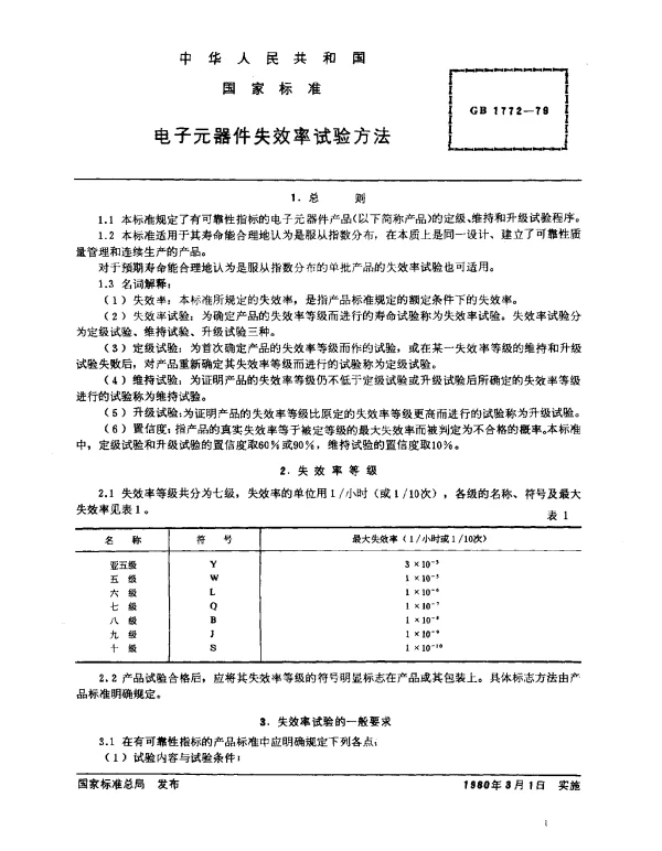 GB 1772-1979 电子元器件失效率试验方法