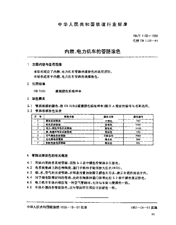 TBT 1132-1996内燃、电力机车的管路涂色