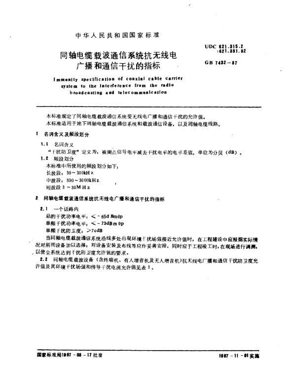 GB 7432-1987 同轴电缆载波通信系统抗无线电广播和通信干扰的指标