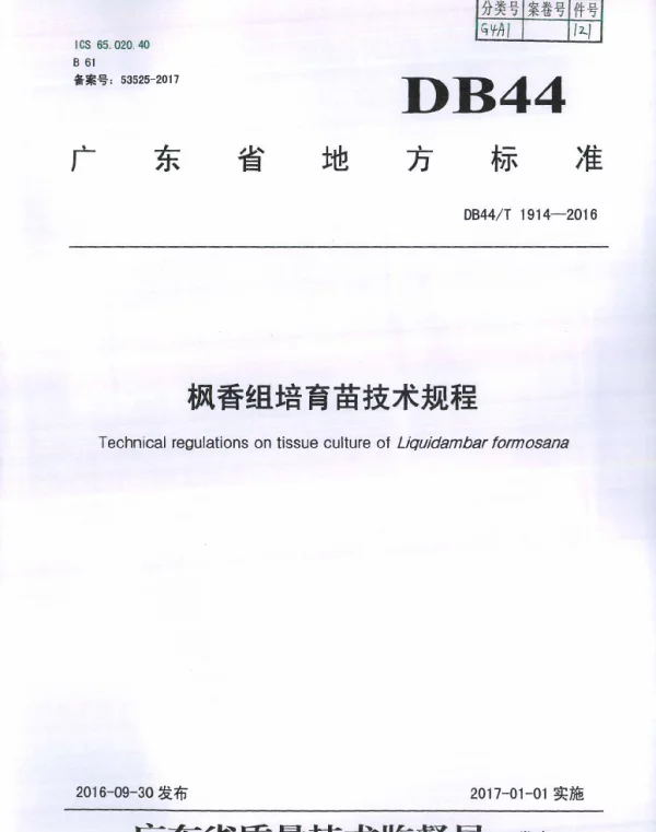 DB44T 1914-2016 枫香组培育苗技术规程