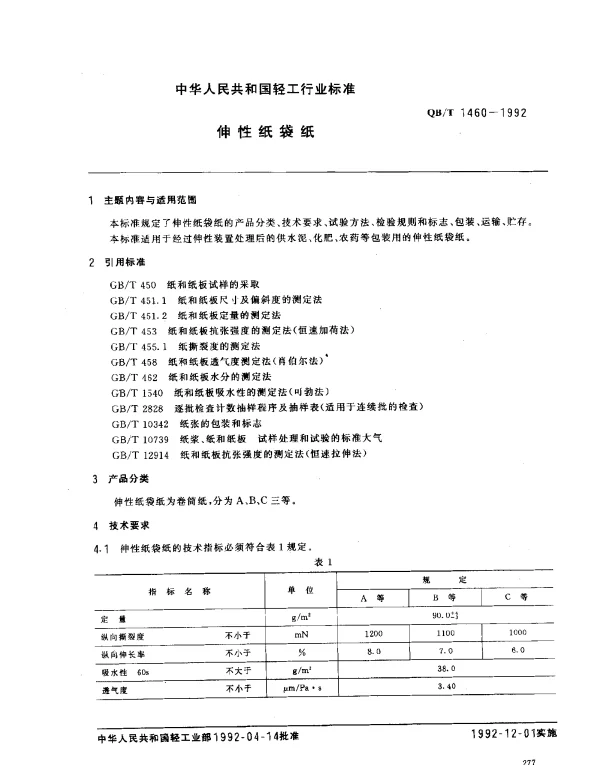 QBT 1460-1992 伸性纸袋纸
