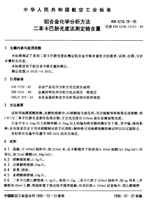 HB 5218.19-1995 铝合金化学分析方法.二苯卡巴肼光度法测定铬含量