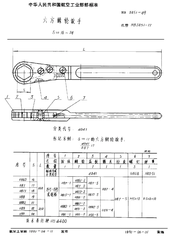 HB 3051-1989 六方棘轮扳手 S=16~24