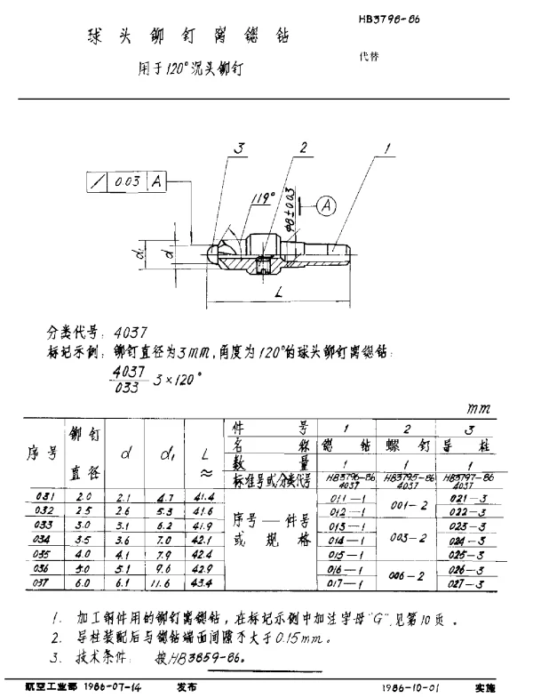 HB 3798-1986 球头铆钉窝锪钻 用于120°沉头铆钉