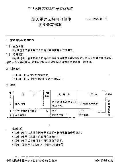 SJT 9550.31-1993 航天用硅太阳电池单体质量分等标准