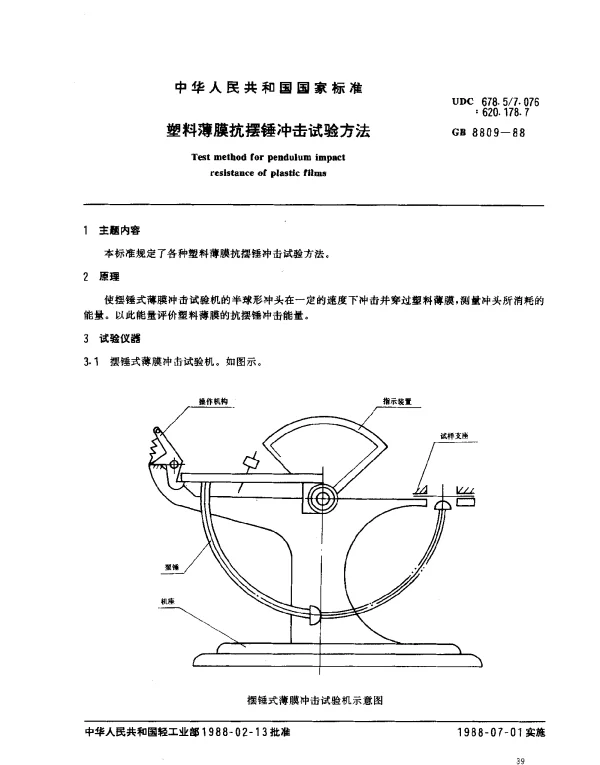 GB 8809-1988 塑料薄膜抗摆锤冲击试验方法