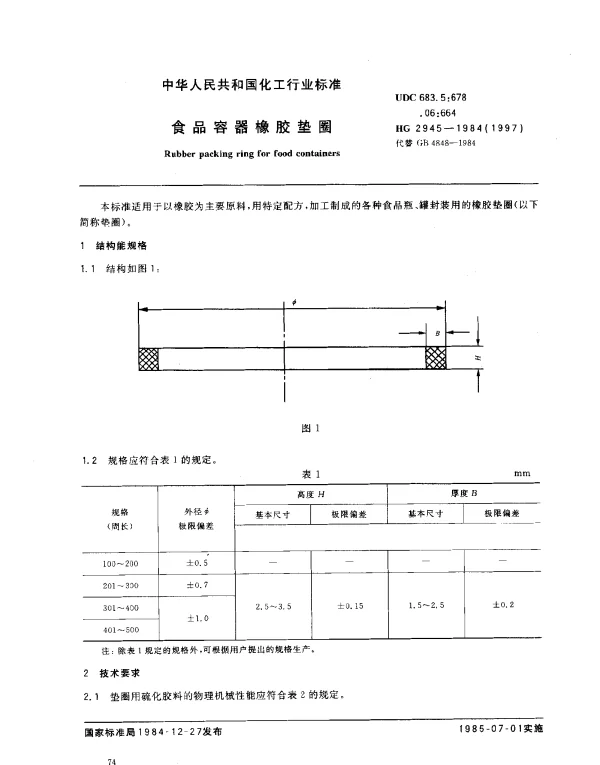 HG 2945-1984(1997) 食品容器橡胶垫圈