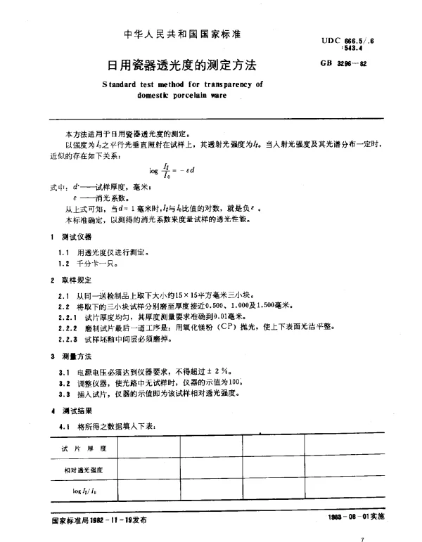 GB 3296-1982 日用陶器透光度的测定方法