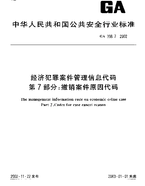 GA 398.7-2002 经济犯罪案件信 息管理代码 第7部分：撤消案件原因代码