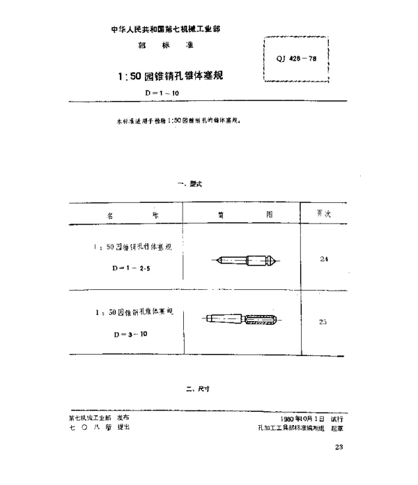 QJ 428-1978 1：50圆锥销孔锥体塞规(D=1~10)