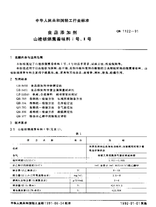 QB 1122-1991 食品添加剂 山楂核烟熏香味料Ⅰ号、Ⅱ号